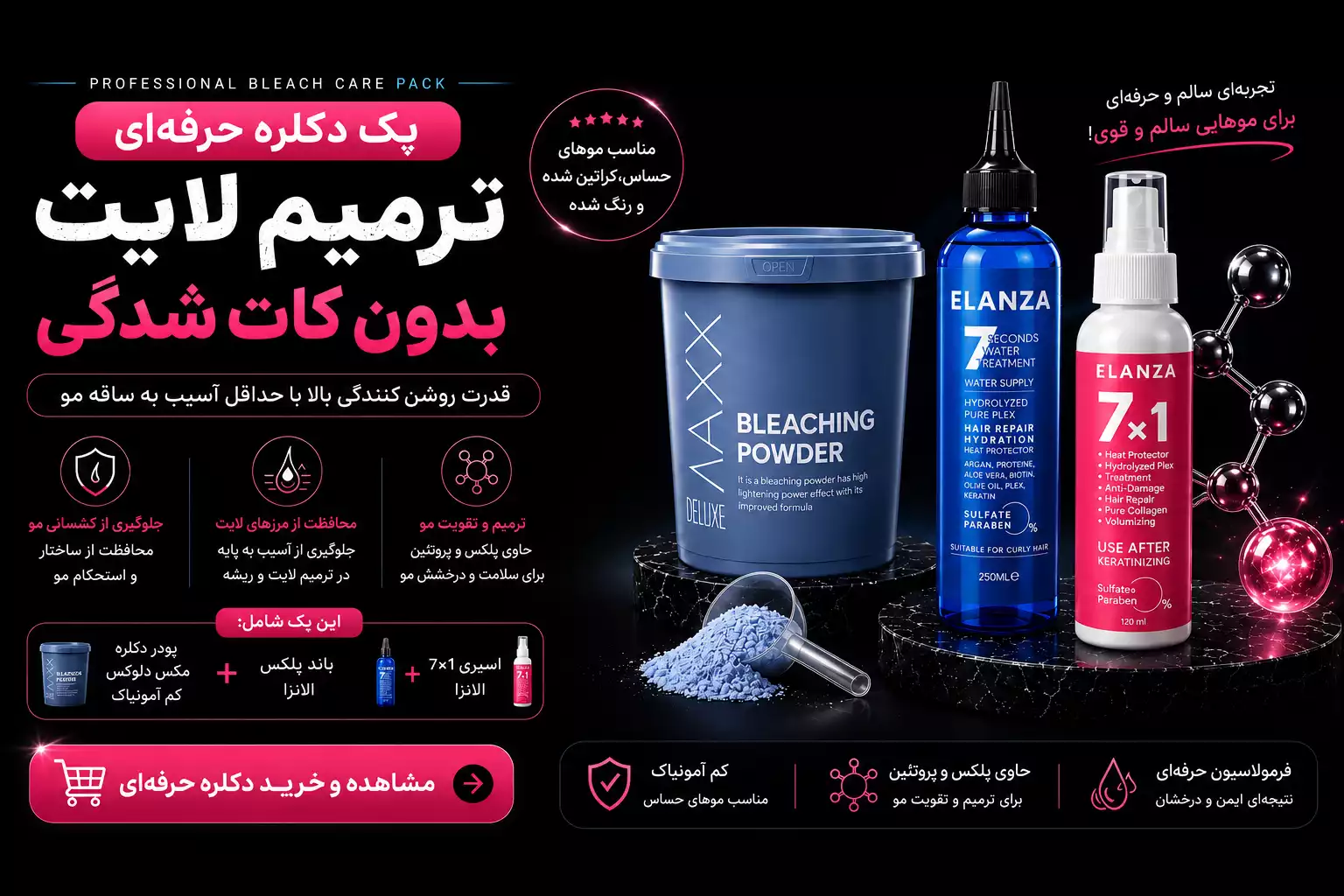 پک دکلره حرفه‌ای شامل پودر مکس دلوکس، باند پلکس الانزا و اسپری ۱*۷ الانزا